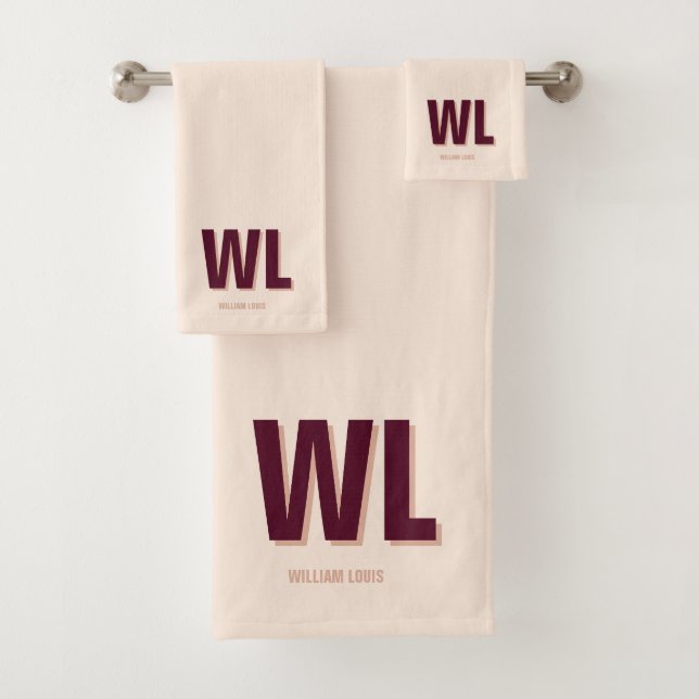 Minimalist Burgundy Pink Personalized Monogram  Bath Towel Set (Insitu)