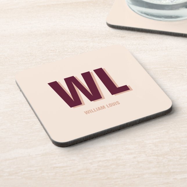 Minimalist Burgundy Pink Personalized Monogram  Beverage Coaster (Left Side)
