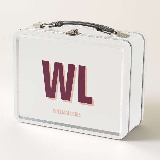 Minimalist Burgundy Pink Personalized Monogram  Metal Lunch Box (Front)