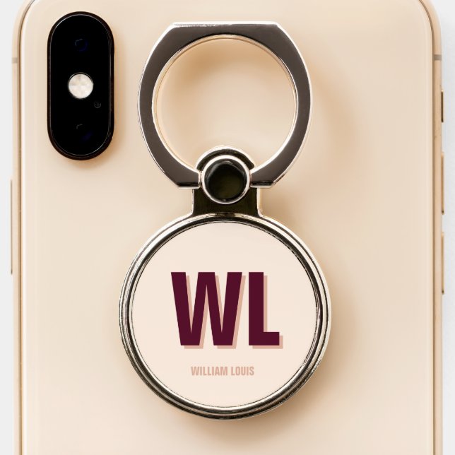 Minimalist Burgundy Pink Personalized Monogram  Phone Ring Stand (Close Up)