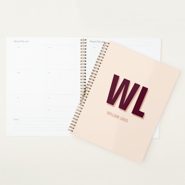 Minimalist Burgundy Pink Personalized Monogram  Planner (Display)