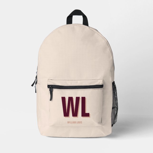 Minimalist Burgundy Pink Personalized Monogram  Printed Backpack (Front)