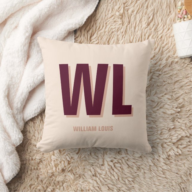 Minimalist Burgundy Pink Personalized Monogram  Throw Pillow (Blanket)