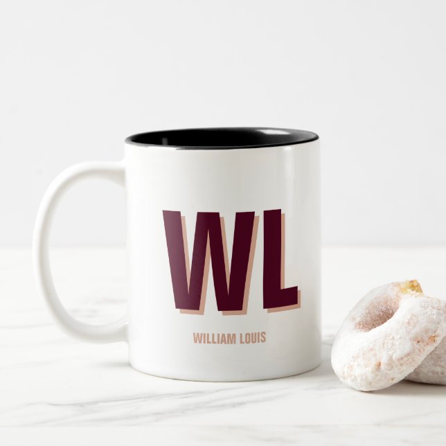 Minimalist Burgundy Pink Personalized Monogram  Two-Tone Coffee Mug (With Donut)