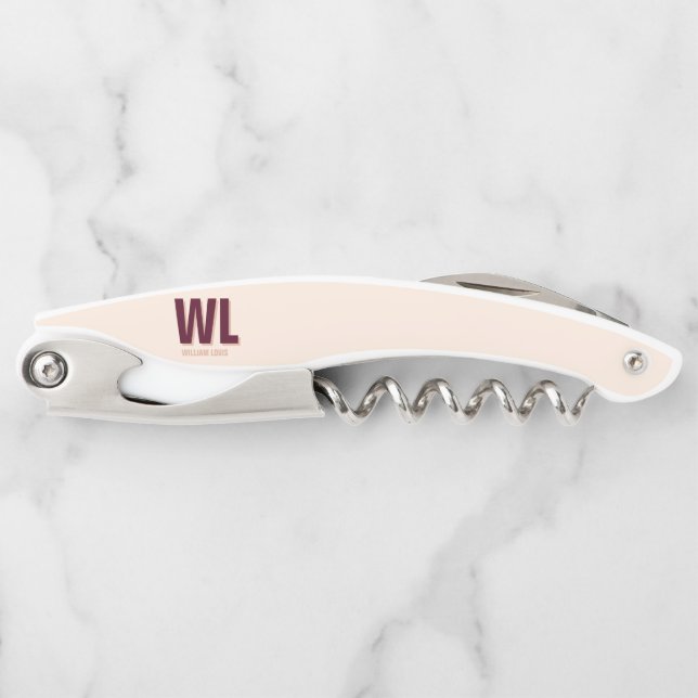 Minimalist Burgundy Pink Personalized Monogram  Waiter's Corkscrew (Front)