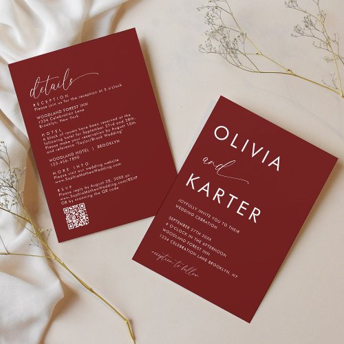 Minimalist Burgundy QR Code All in One Wedding Invitation