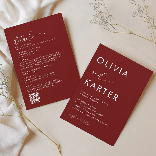 Minimalist Burgundy QR Code All in One Wedding Invitation | Zazzle