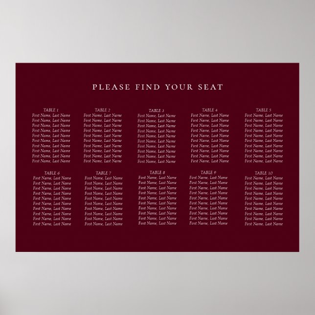 Minimalist Burgundy Red Wedding Seating Chart (Front)