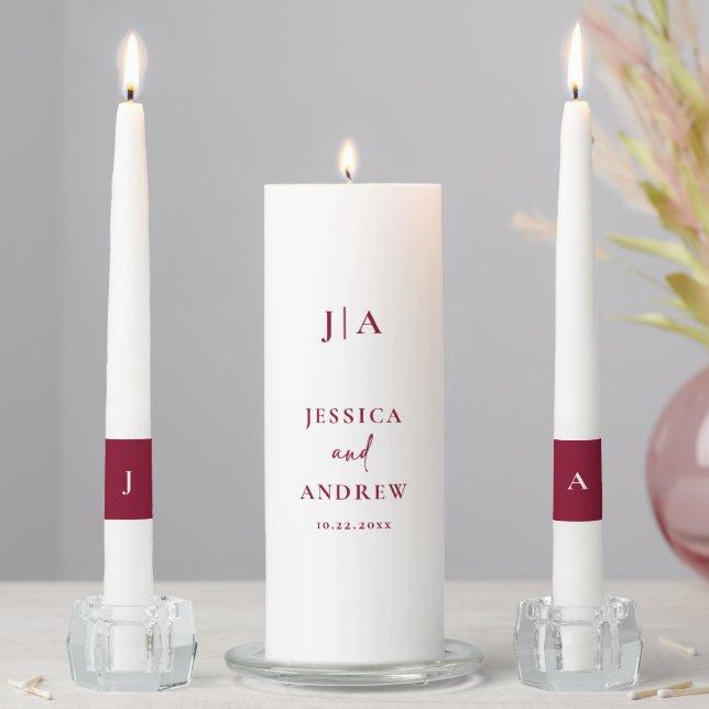 Minimalist Burgundy Red & White Simple Wedding Unity Candle Set (In Situ)
