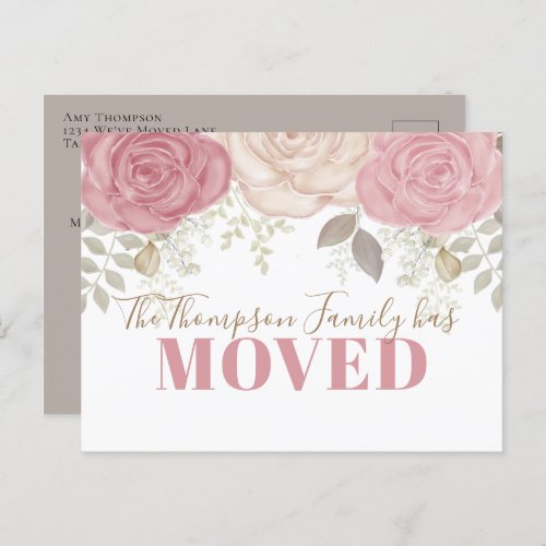 Minimalist Burgundy Rose Floral Moving Budget Announcement Postcard