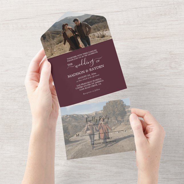 Minimalist Burgundy Wedding All In One Invitation (Tearaway)