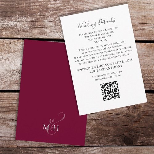 Minimalist Burgundy Wedding Details QR Code  Enclosure Card