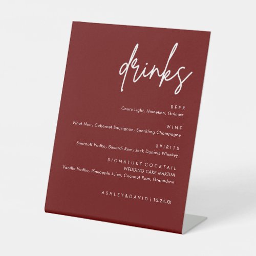 Minimalist Burgundy Wedding Drinks Bar Menu Pedestal Sign