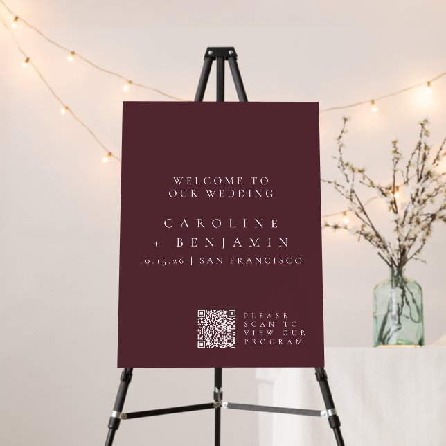 Minimalist Burgundy Wedding Program QR Code Sign (In Situ (Stand))