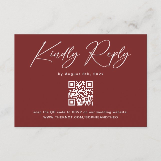 Minimalist Burgundy Wedding RSVP Card Qr Code (Front)