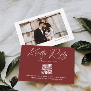 Minimalist Burgundy Wedding RSVP Card Qr Code