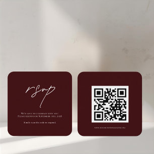 Minimalist Burgundy Wedding RSVP Card with QR Code