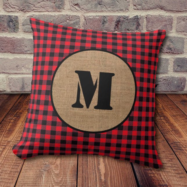 Minimalist Burlap and Red Buffalo Plaid Monogram Throw Pillow (Creator Uploaded)