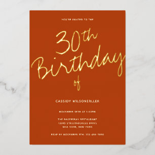 Minimalist Burnt Orange 30th Birthday Gold Foil Invitation