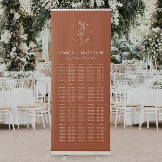 Minimalist Burnt Orange Boho Wedding Seating Chart Retractable Banner (Minimalist burnt orange boho seating chart banner guides guests with warm, stylish clarity.)