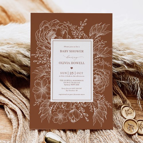 Minimalist Burnt Orange Botanical Baby Shower Invitation