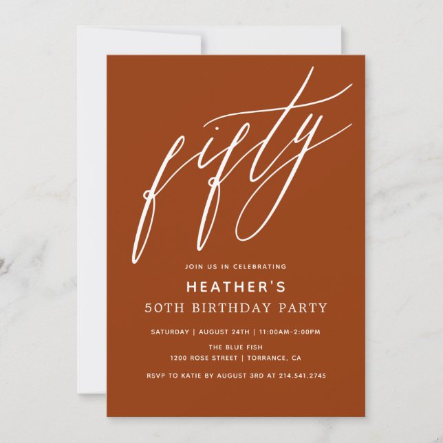 Minimalist Burnt Orange Fifty 50th Birthday Party Invitation (Front)