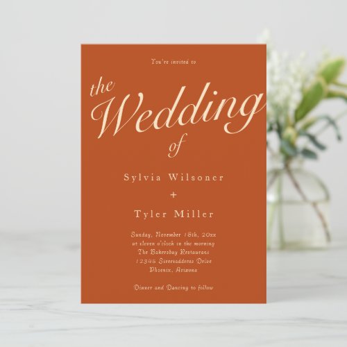 Minimalist Burnt Orange Typography Wedding Invitation