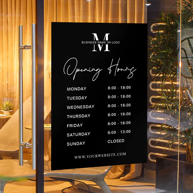 Minimalist Business Logo Black White Opening Hours Window Cling | Zazzle