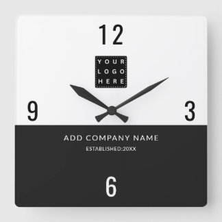 Minimalist Business Logo Company Name Black White Square Wall Clock