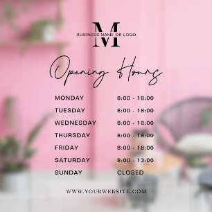 Minimalist Business Logo Monogram Opening Times Window Cling