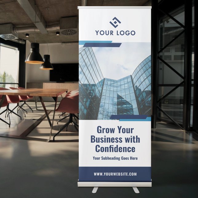 Minimalist Business Logo Photo Marketing Retractable Banner (Modern Corporate Business Pull Up Banner With Logo & Photo and fully editable text and colors)