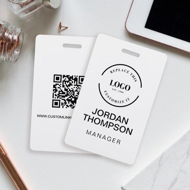 Minimalist Business Logo QR code Employee Badge (Simple, custom logo, website, name, employee ID badge.)