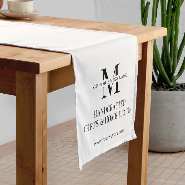 Minimalist Business Monogram Branded Promotional Short Table Runner (Minimalist white branded table runner for business with your monogram or logo and custom text)