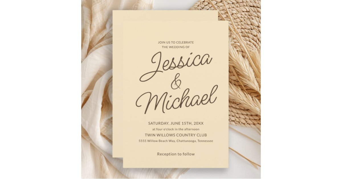 Minimalist Butter Yellow Brown Script Wedding Invitation | Zazzle