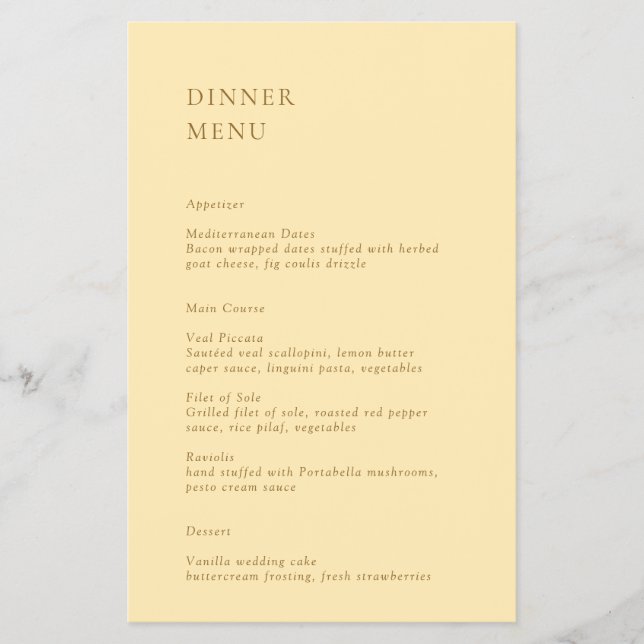 Minimalist Butter Yellow Budget Wedding Menu Flyer (Front)