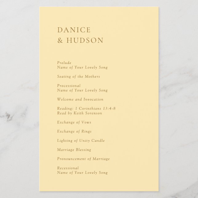 Minimalist Butter Yellow Budget Wedding Program Flyer (Front)
