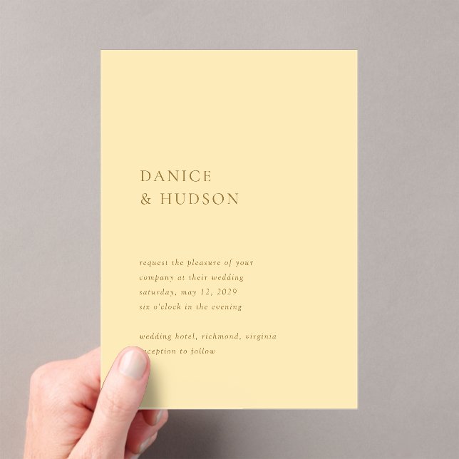 Minimalist Butter Yellow Modern Wedding Acrylic Invitations (Insitu (Handheld))