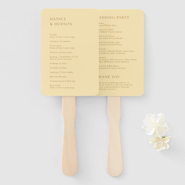 Minimalist Butter Yellow Modern Wedding Hand Fan (Front and Back)