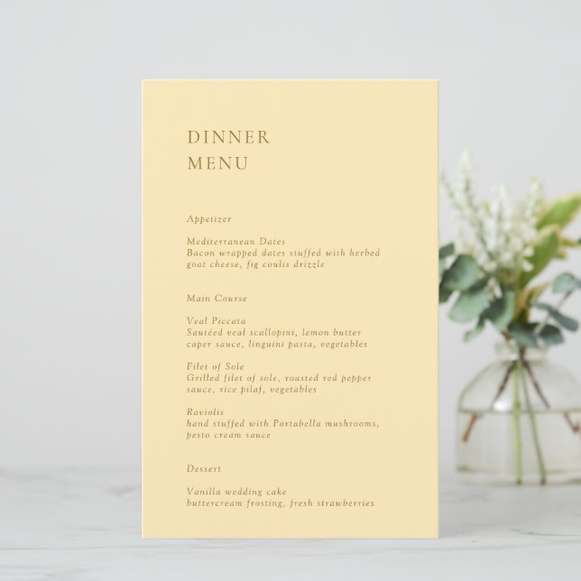 Minimalist Butter Yellow Modern Wedding Menu (Standing Front)