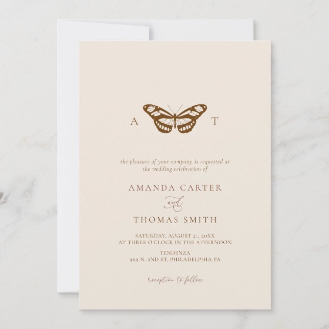 Minimalist Butterfly Monogram Chic Wedding Invitation (Front)