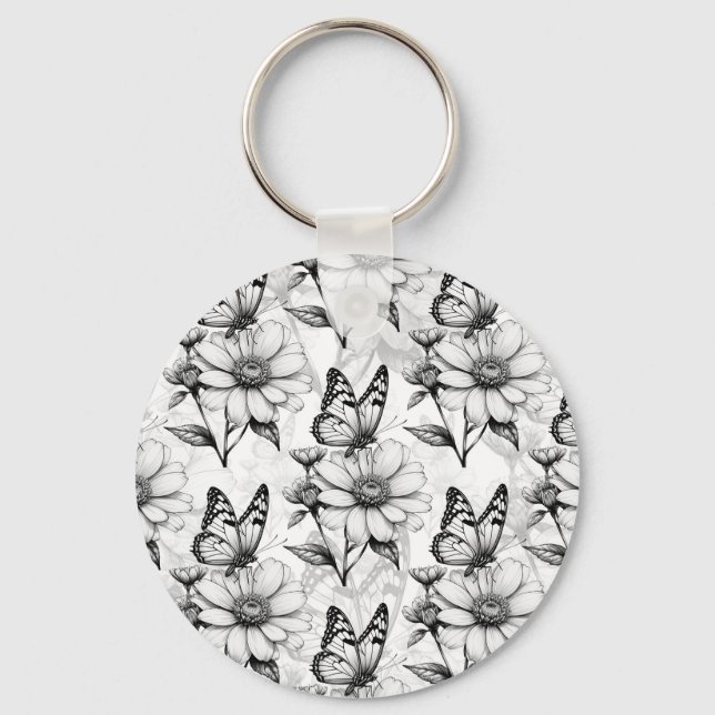 Minimalist Butterfly on Flower Pattern Design  Keychain (Front)