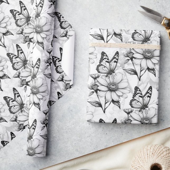 Minimalist Butterfly on Flower Pattern Design  Wrapping Paper (Creator Uploaded)