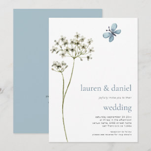Minimalist Butterfly Wildflower QR Blue Wedding Invitation