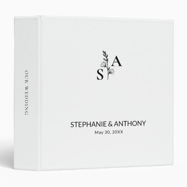 Minimalist BW Monogram Wildflower Wedding 3 Ring Binder (Front/Spine)