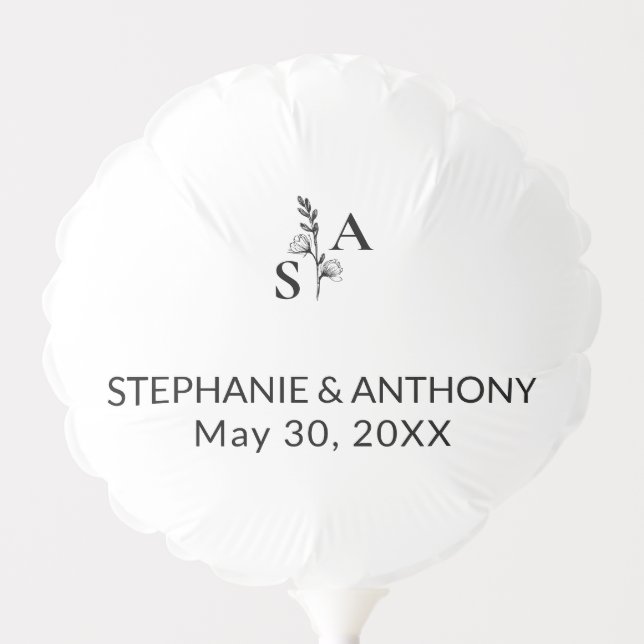 Minimalist BW Monogram Wildflower Wedding Balloon (Front)