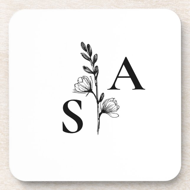Minimalist BW Monogram Wildflower Wedding Beverage Coaster (Front)