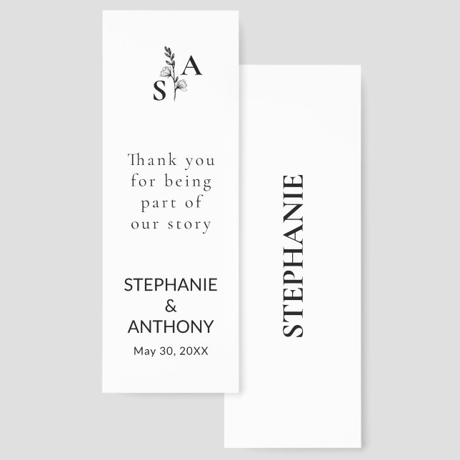Minimalist BW Monogram Wildflower Wedding Bookmarks (Front & Back)