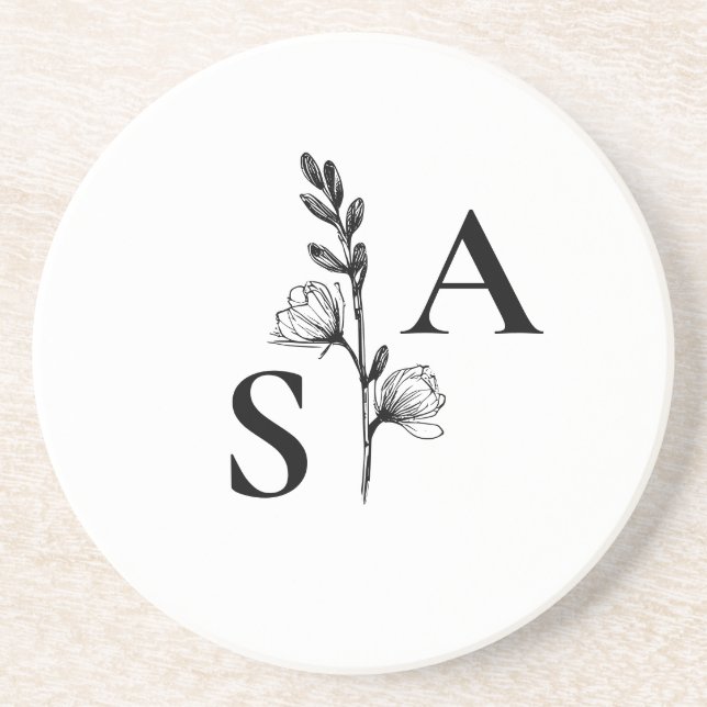 Minimalist BW Monogram Wildflower Wedding Coaster (Front)