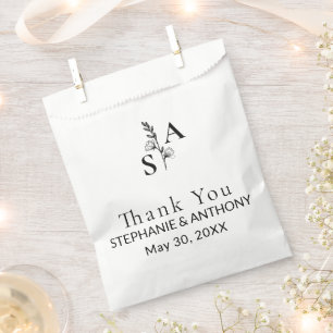 Minimalist BW Monogram Wildflower Wedding Favor Bag
