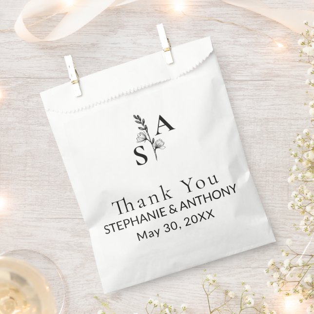 Minimalist BW Monogram Wildflower Wedding Favor Bag (Clipped)